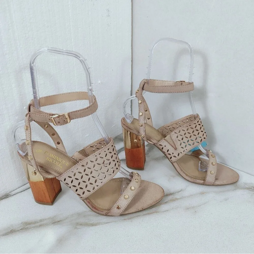 NWT Dominique Nicole Tyne Beige Gold Studded Block Heel Ankle Strap Sandals, 11